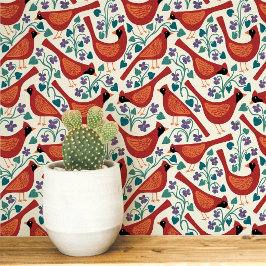 Papel Pintado Pájaro Cardinal Estampa en Bloque Flor Violeta Azu