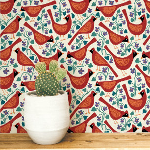 Papel Pintado Pájaro Cardinal Estampa en Bloque Flor Violeta Azu
