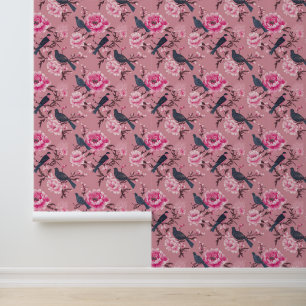 Papel Pintado Pájaro Chinoiserie rosado con cáscara y palo flora
