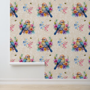 Papel Pintado Pájaro floral de la primavera acuarela sobre la cr