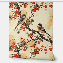 Papel Pintado pájaro y flores japonesas