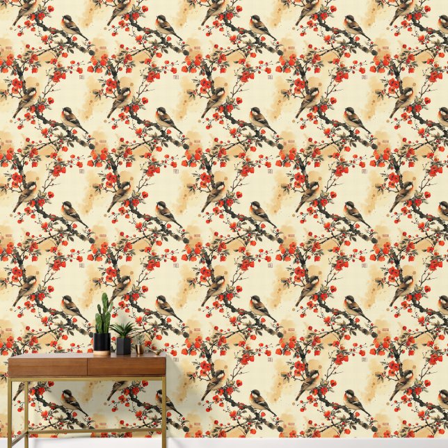 Papel Pintado pájaro y flores japonesas (Pasillo)
