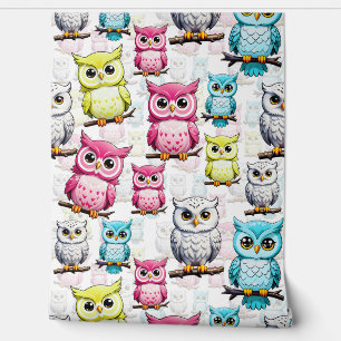 Papel Pintado Pájaros de búho coloridos Patrón de fondo blanco