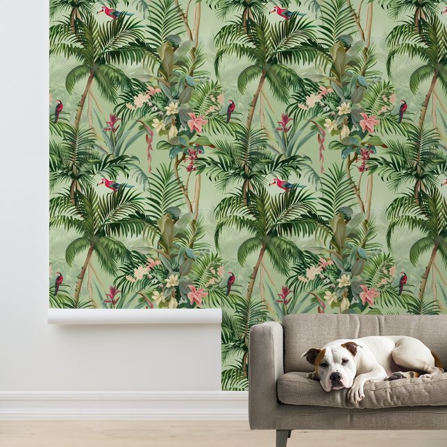 Papel Pintado Pájaros de selva tropical hojas palmeras (Subido por el creador)