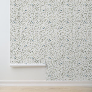 Papel Pintado Pájaros Hojas Blancas Azules Románticas