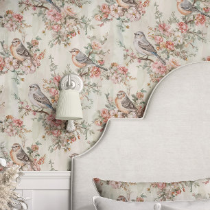 Papel Pintado Pájaros y flores de cerezo sobre beige