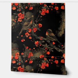 Papel Pintado Pájaros y flores japonesas sobre fondo negro