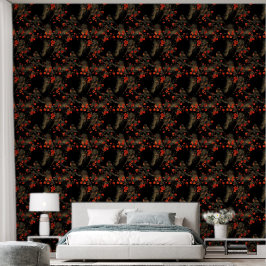 Papel Pintado Pájaros y flores japonesas sobre fondo negro