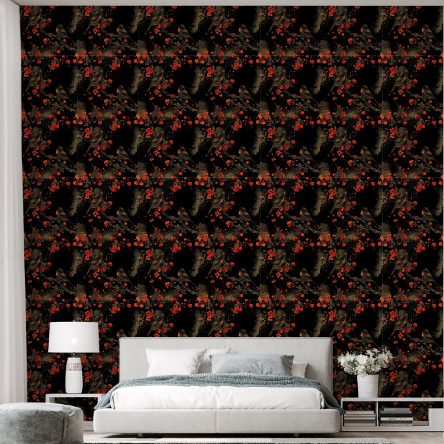 Papel Pintado Pájaros y flores japonesas sobre fondo negro (Dormitorio)