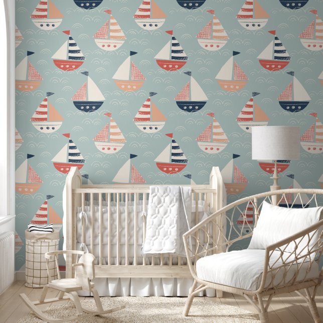 Papel Pintado Pale Green Nautical Seamless Pattern Wallpaper (Niños)