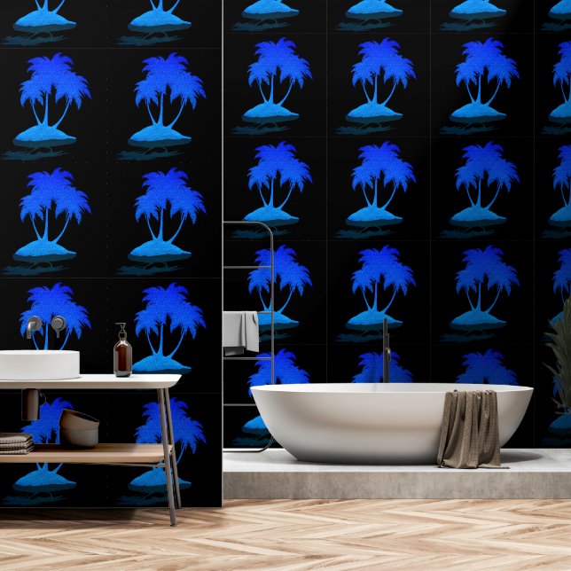 Papel Pintado Palm azul purpurina Personalizado de isla exótica  (Baño)