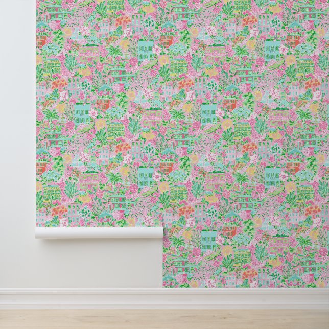 Papel Pintado Palm Beach Preppy Charleston rosa y verde (Solicitud)