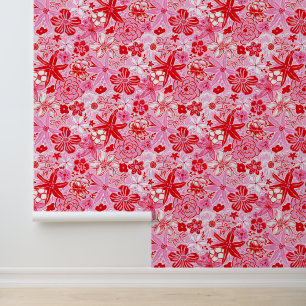 Papel Pintado Palm Beach Preppy Flores rosas y rojas