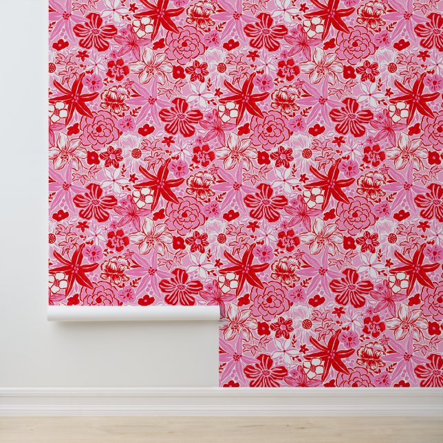Papel Pintado Palm Beach Preppy Flores rosas y rojas (Solicitud)