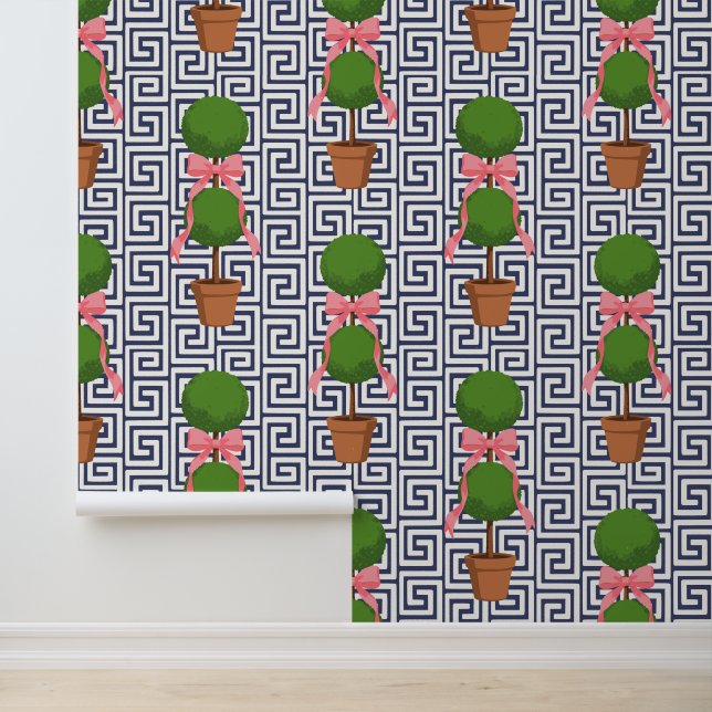 Papel Pintado Palm Beach Topiary Navy Greek Key Peel & Stick  (Solicitud)