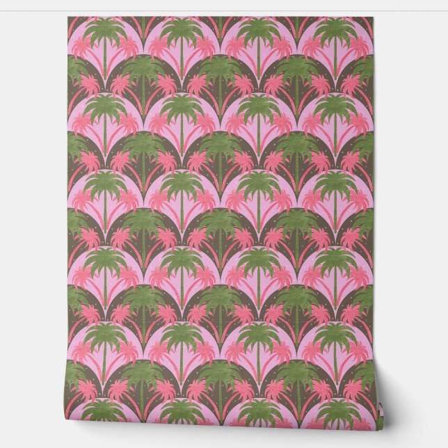 Papel Pintado Palm Trees Textura Retro Marrón Verde Rosa (Desenrollar)