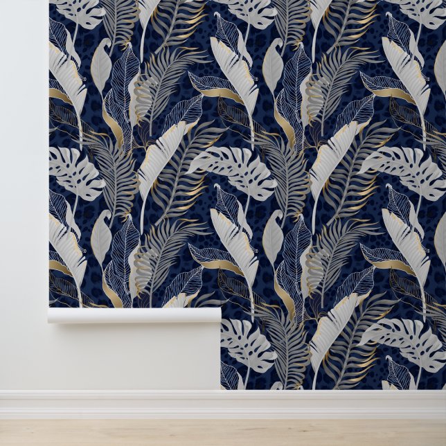 Papel Pintado Palm Tropical Pastel Gris y Oro deja azul oscuro (Solicitud)
