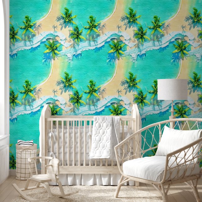 Papel Pintado Palmeras de isla tropical patrón de playa náutica (Niños)