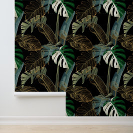 Papel Pintado Palmita tropical, plátano, planta, hojas doradas.