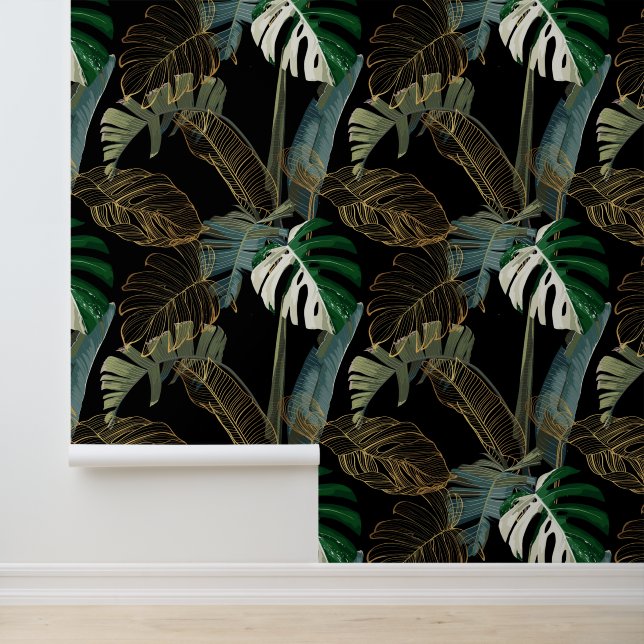 Papel Pintado Palmita tropical, plátano, planta, hojas doradas. (Solicitud)