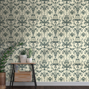 Papel Pintado Palo y palo de damasco de color verde de vintage