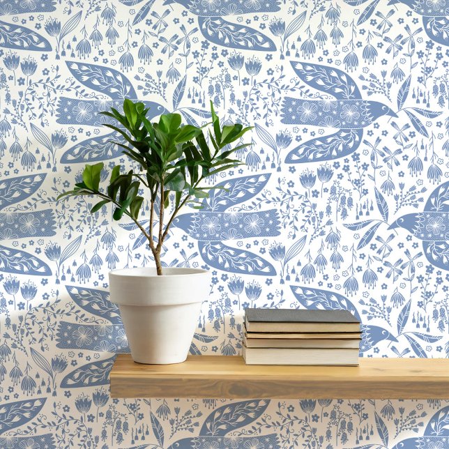 Papel Pintado Palomas y flores arte de aves azules y blancas (Doves and flowers bird art peel and stick wallpaper)