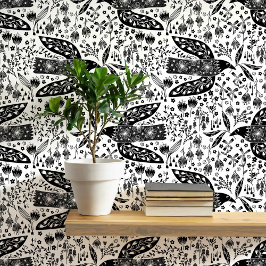 Papel Pintado Palomas y flores arte de aves negras y blancas