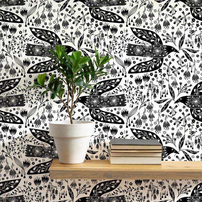 Papel Pintado Palomas y flores arte de aves negras y blancas (Doves and flowers bird art peel and stick wallpaper)