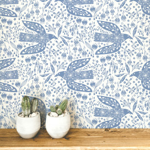 Papel Pintado Palomas y Flores Arte de Pájaros Azul y Blanco