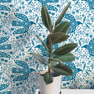 Papel Pintado Palomas y Flores Arte de Pájaros en Verde Acuático