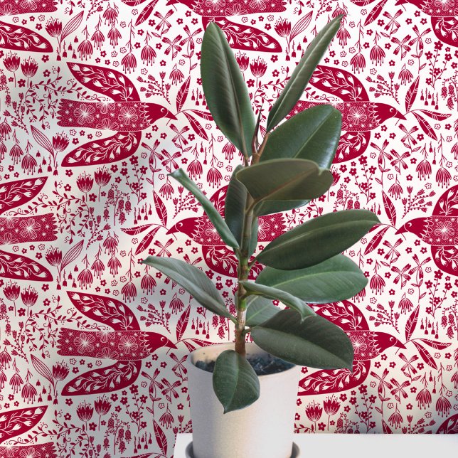 Papel Pintado Palomas y Flores Arte de Pájaros Rojo y Blanco (Doves and flowers bird art peel and stick wallpaper)
