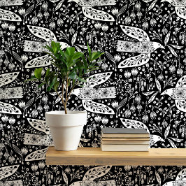 Papel Pintado Palomas y flores blancas en arte de pájaro negro