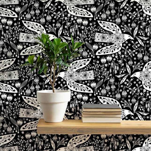 Papel Pintado Palomas y flores blancas en arte de pájaro negro (Doves and flowers bird art peel and stick wallpaper)