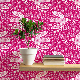 Papel Pintado Palomas y flores blancas en arte de pájaro rosado