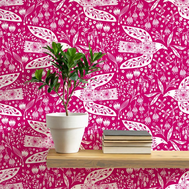 Papel Pintado Palomas y flores blancas en arte de pájaro rosado (Doves and Flowers pretty folk art style bird and botanical floral pattern peel and stick wallpaper)