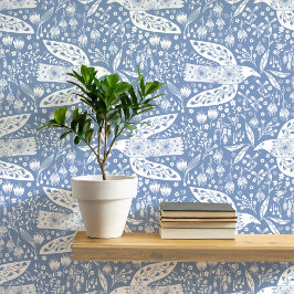 Papel Pintado Palomas y flores blancas en el arte de las aves az