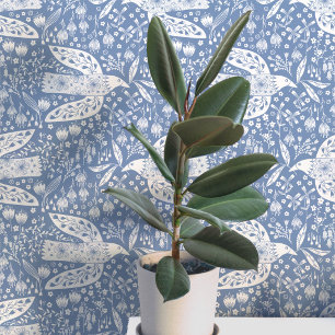 Papel Pintado Palomas y Flores Blancas sobre Arte de Pájaro Azul