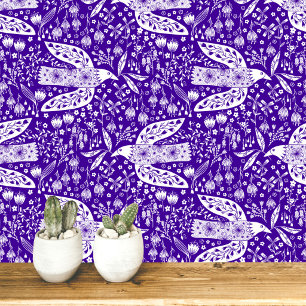 Papel Pintado Palomas y Flores Blancas sobre Arte de Pájaros de