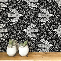 Palomas y Flores Blancas sobre Arte de Pájaros Neg