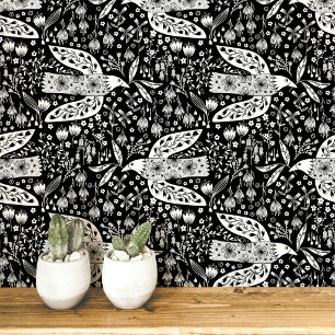 Papel Pintado Palomas y Flores Blancas sobre Arte de Pájaros Neg