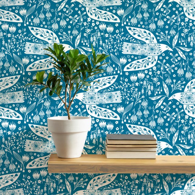 Papel Pintado Palomas y flores blancas sobre arte Verde azulado  (Doves and Flowers pretty folk art style bird and botanical floral pattern peel and stick wallpaper)