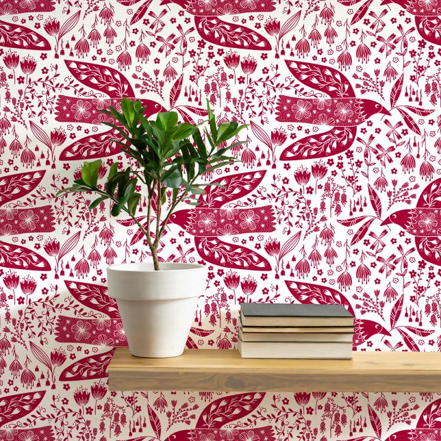 Papel Pintado Palomas y flores de arte de aves rojas y blancas (Doves and flowers bird art peel and stick wallpaper)