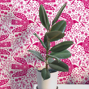 Papel Pintado Palomas y Flores Magenta Rosa y Blanco Arte de Páj