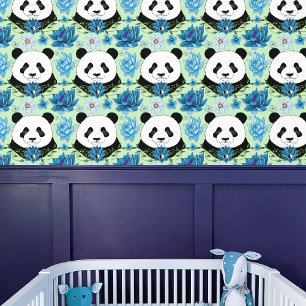 Papel Pintado Panda Bear Lotus Flower Blue