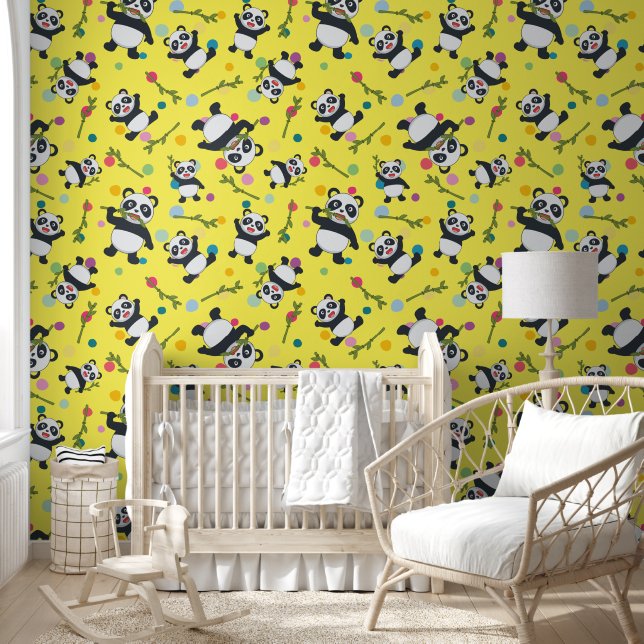 Papel Pintado Panda polka dot niños patrón amarillo (Niños)