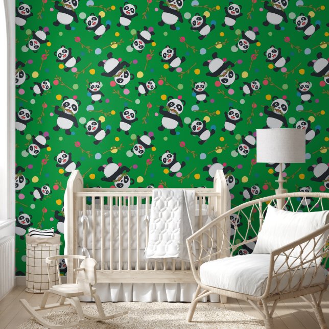 Papel Pintado Panda polka dot niños patrón fondo verde (Niños)