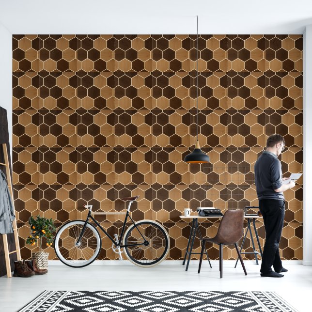 Papel Pintado Paneles de madera hexagonales rústicos 3D (Sala de estar)