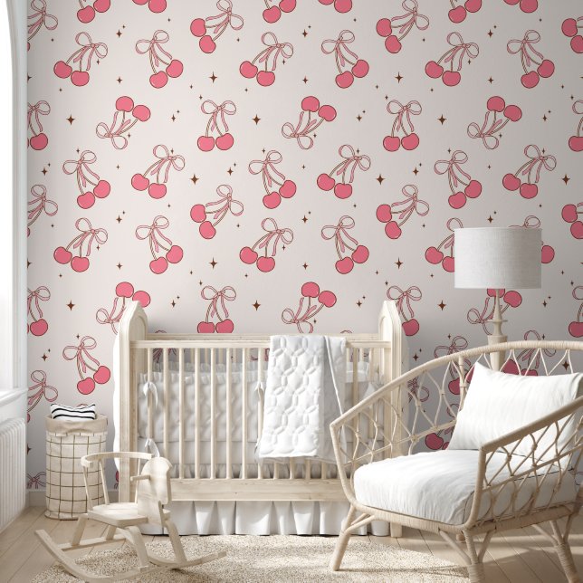 Papel Pintado Papel de fondo del patrón de arco de cereza rosado (Niños)