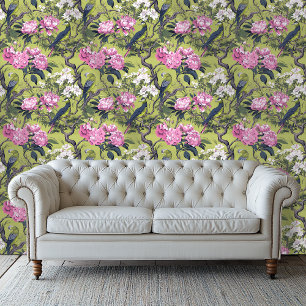 Papel Pintado Papel de fondo floral de estilo chino rosa y verde