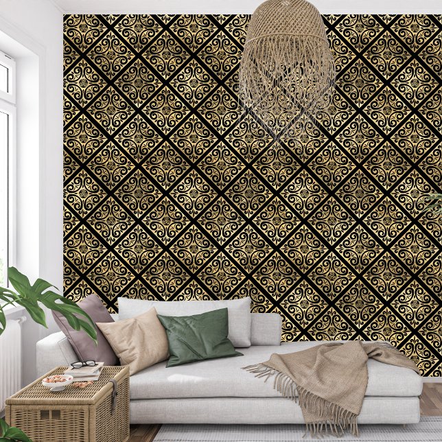 Papel Pintado Papel de fondo negro y dorado del francés real (royal french black and gold wallpaper)